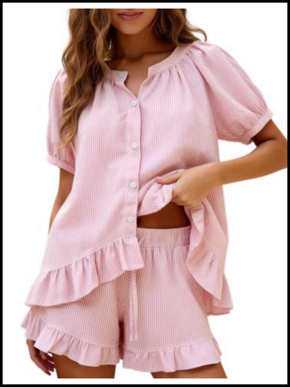 Cotton Striped Ruffle Pajama Set Button Down Babydoll Top Shorts